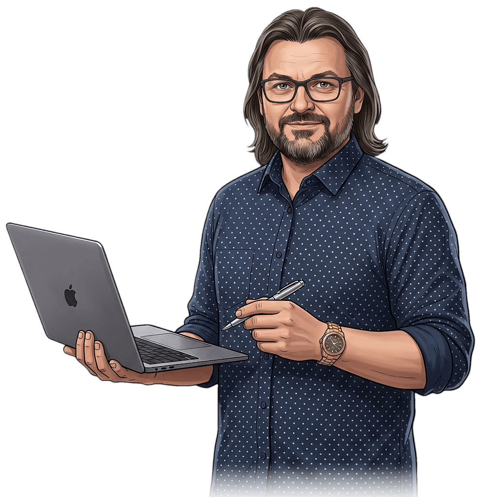 Ilustrace Dušan Macháček - Web Developer a autor aplikací s notebookem